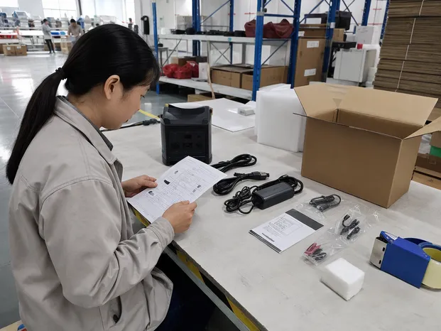 Solar generator kit packing checklist process at JXSOL factory showing accessory verification before carton sealing
