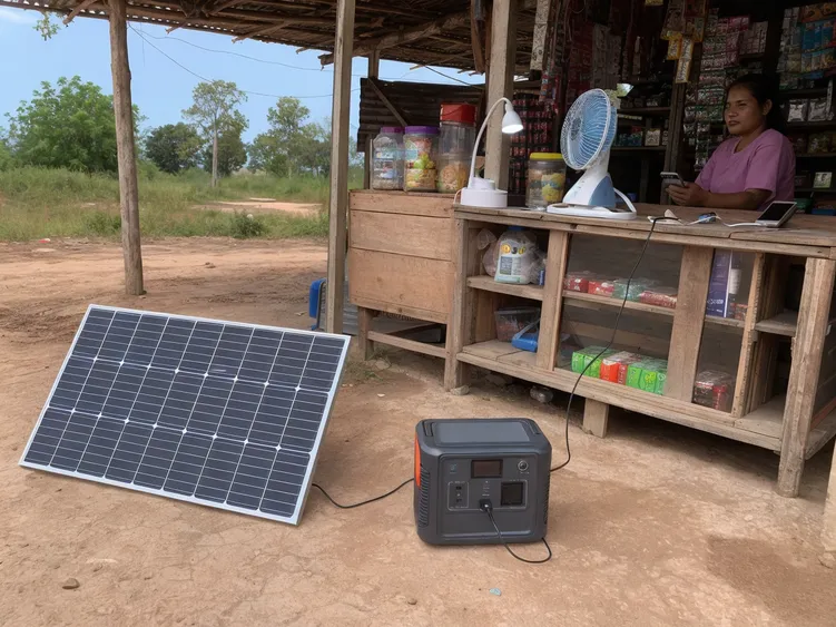 Solar generator kit deployed in off-grid rural retail environment with solar panel charging