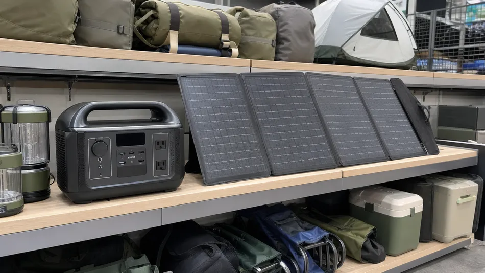 Portable solar generator kit displayed in outdoor retail shelf setting with camping accessories
