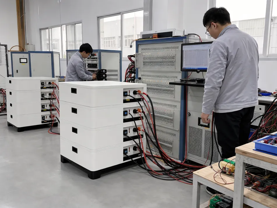 JXSOL battery testing lab performing charge-discharge cycle testing on stackable home battery packs