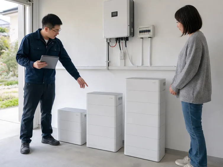 Residential solar installer presenting tiered stackable battery capacity options to homeowner