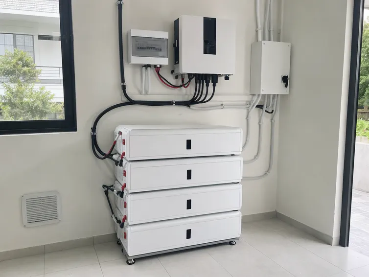 Floor-stacked battery modules installed in a villa utility room