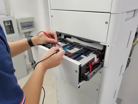 Individual battery module being accessed for inspection in a stackable home battery system