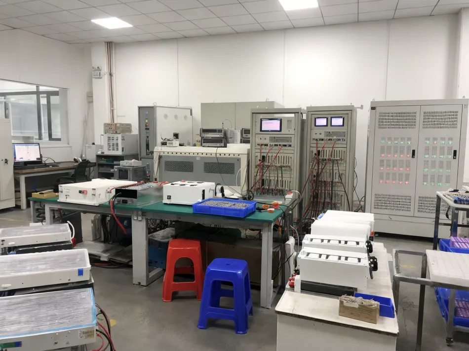 JXSOL battery pack QC inspection lab with charge-discharge testing equipment