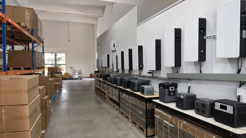 Solar product distributor warehouse with wall mounted batteries alongside portable power stations
