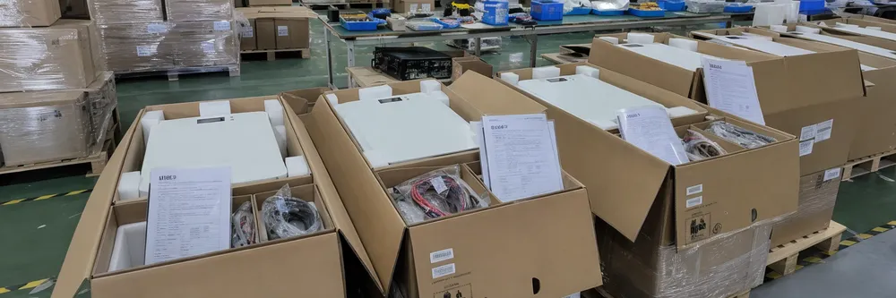 Wall mounted lithium battery units in foam-insert cartons prepared for export shipping with UN38.3 documentation
