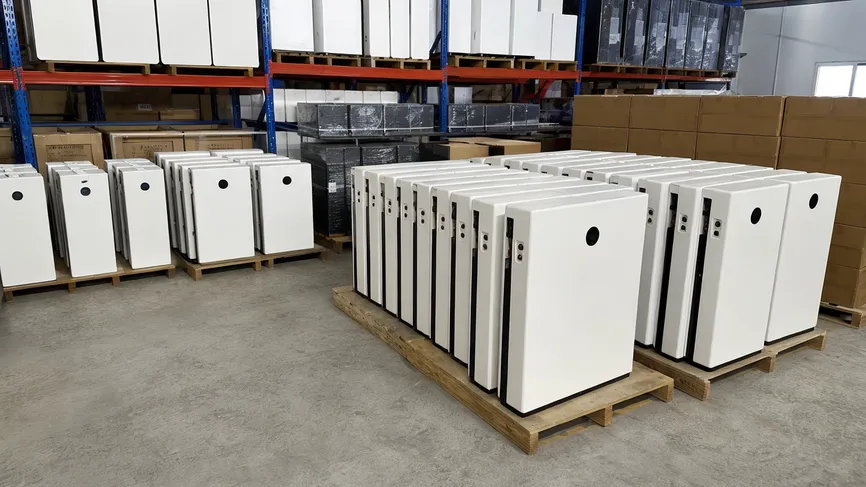 LiFePO4 wall mounted batteries stocked in a regional distributor warehouse for Africa and Southeast Asia markets