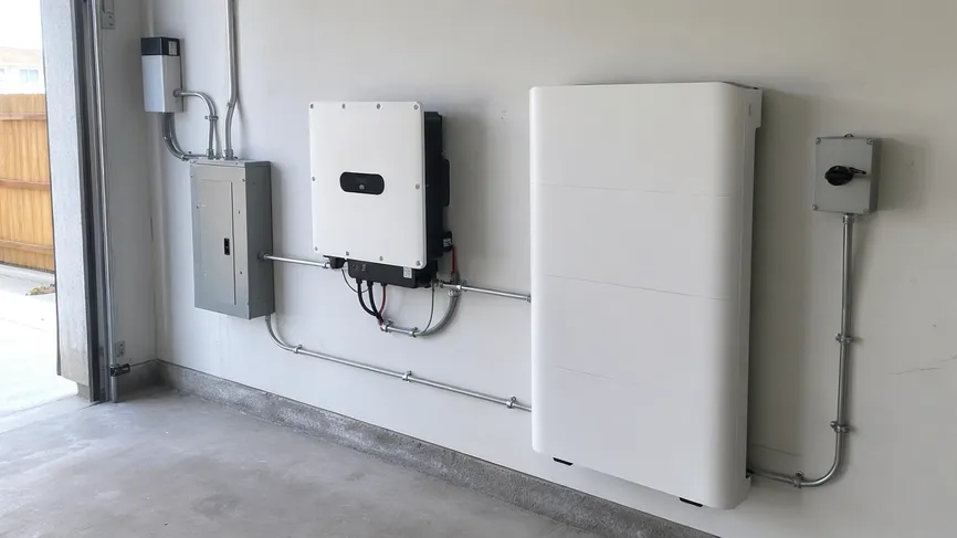 Wall mounted lithium battery installed in a residential garage alongside solar inverter equipment
