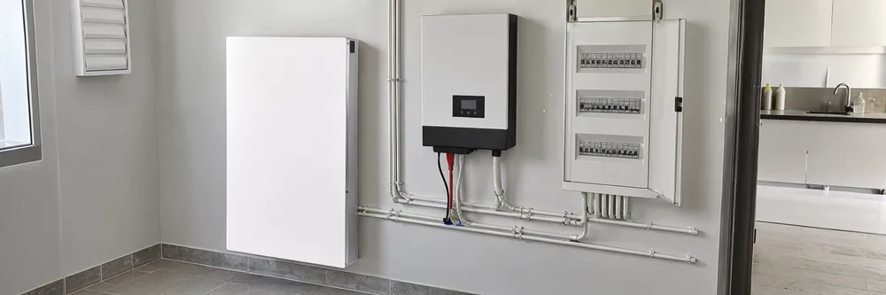 Wall mounted lithium battery installed in a residential utility room alongside solar inverter and panel board