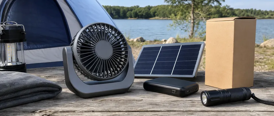 Portable solar fan used in camping and outdoor emergency preparedness