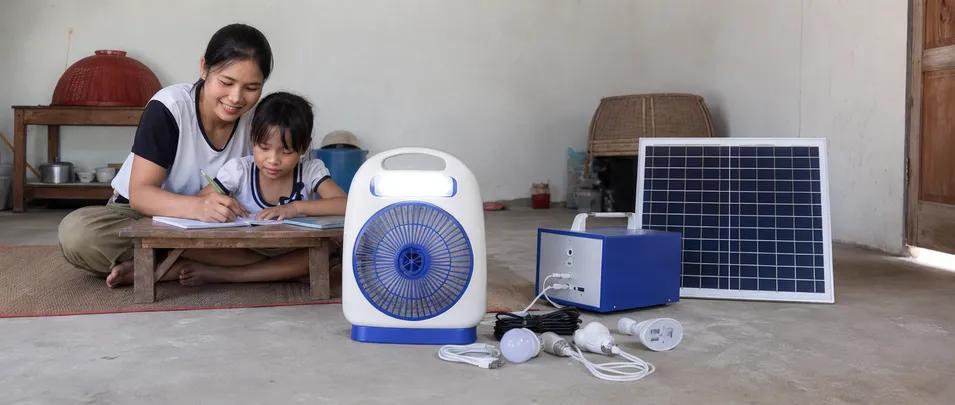 Solar fan with LED light bundled in solar home kit for rural electrification