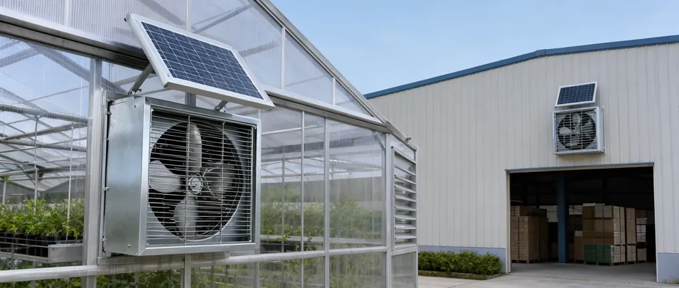 Solar exhaust fan installed in greenhouse and warehouse ventilation