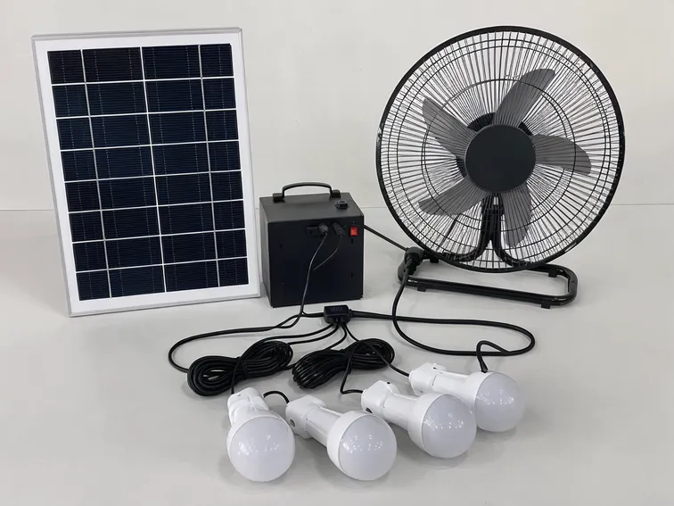 Solar fan with LED light kit showing combined panel, battery, fan motor, and LED array configuration