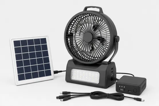 Solar fan with integrated LED light for home kit programs