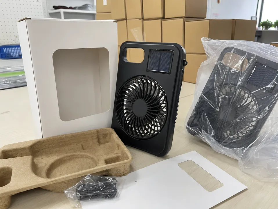 Custom branded portable solar fan with OEM packaging and retail box