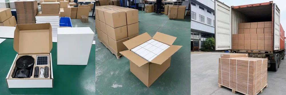 Portable solar fan packaging showing retail box, master carton configuration, and container loading layout