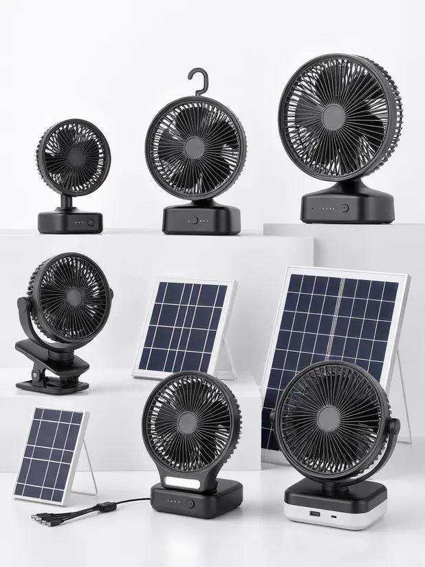 Portable solar fan showing multiple configuration options including different blade sizes and battery capacities