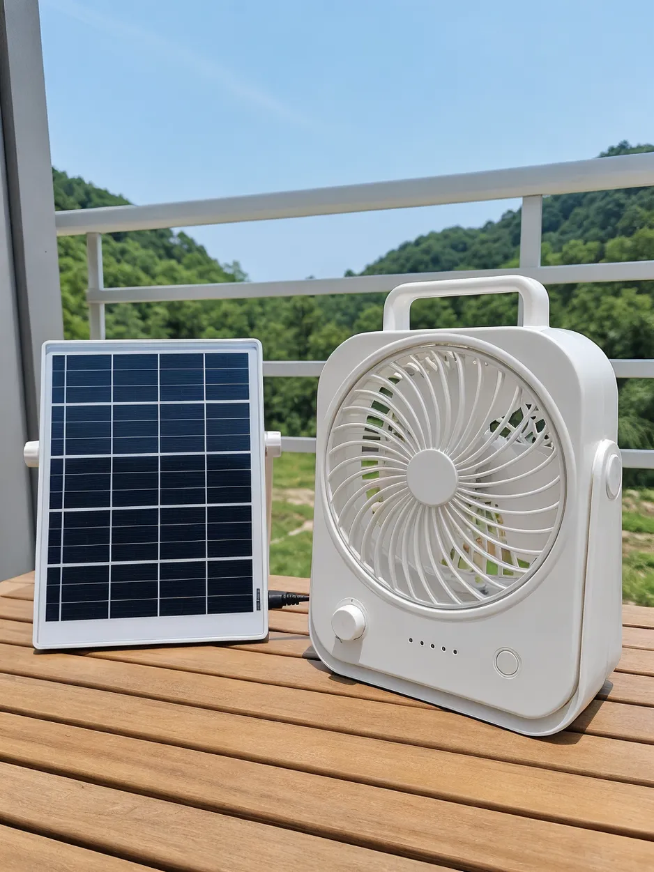 Portable solar fan with attached solar panel and rechargeable battery, compact design for outdoor and off-grid use