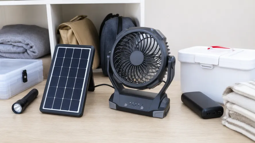Rechargeable solar fan paired with solar panel for emergency preparedness kit programs