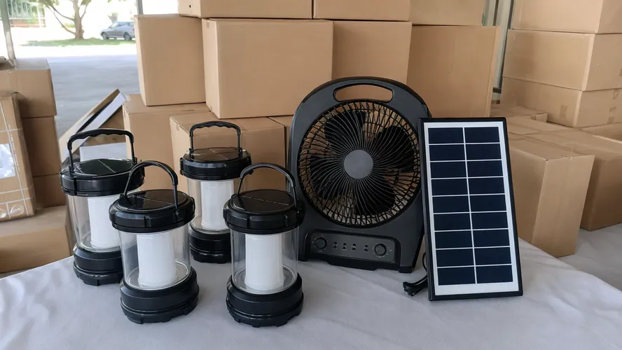 Solar-charged fan bundled with solar lanterns for off-grid markets in Africa and Southeast Asia
