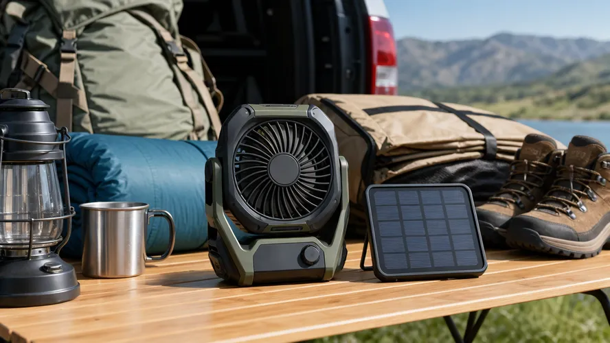 Compact solar camping fan displayed with outdoor gear for seasonal retail channels