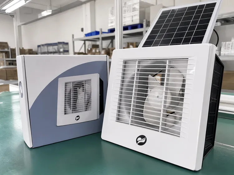 OEM branded solar exhaust fan with custom logo on housing and retail packaging