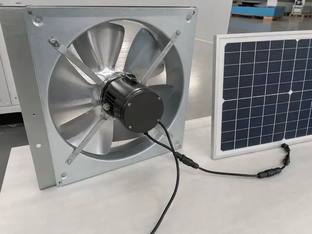 Solar exhaust fan showing BLDC motor, galvanized steel housing, and solar panel connection