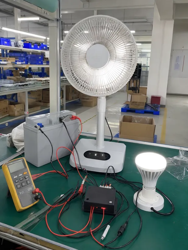 Pre-production combined-load discharge testing of solar fan with LED light kit