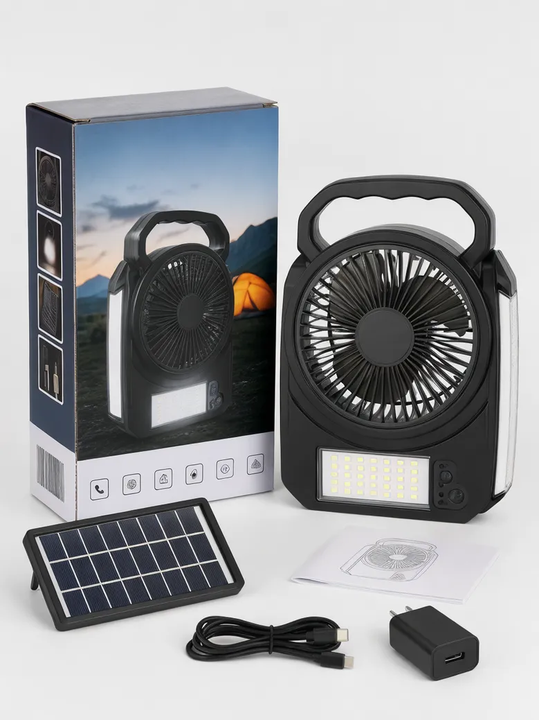 Solar fan with LED light packaged for emergency preparedness retail channel