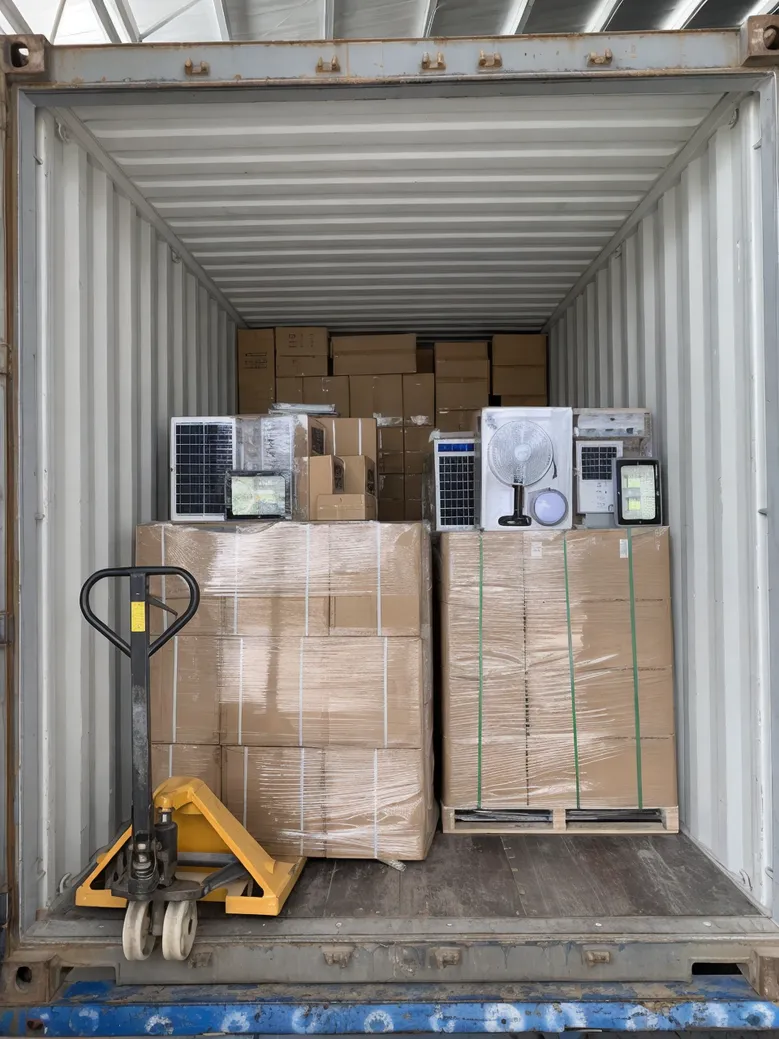 Mixed solar lighting and fan products consolidated in single container shipment