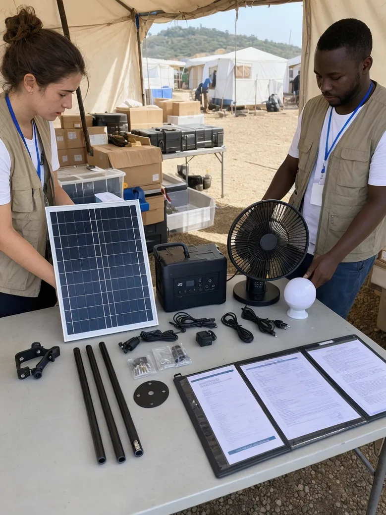 Solar fan and light kit in humanitarian field operations with documentation package