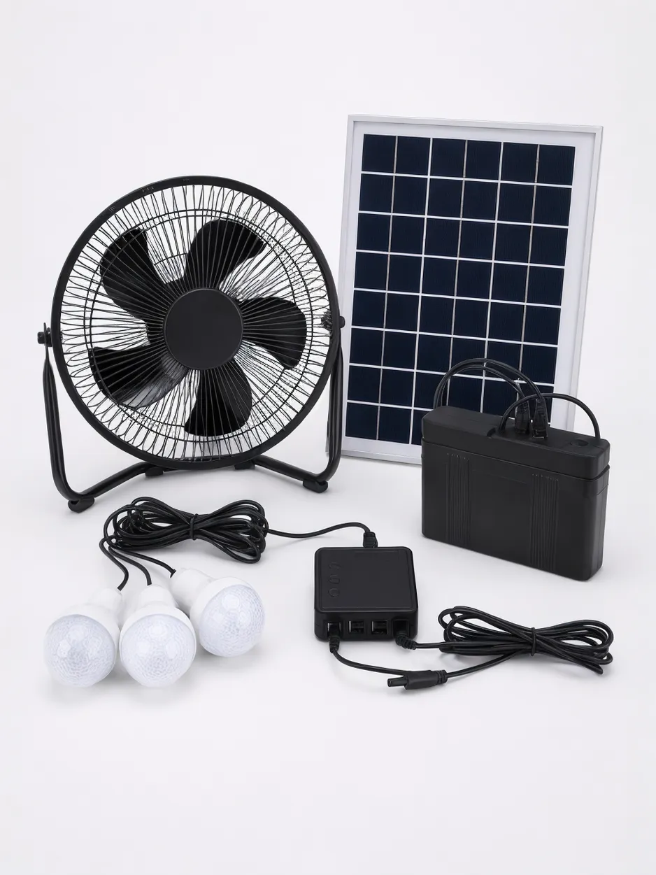 Solar fan with LED light complete kit showing fan, LED array, solar panel, battery pack, and controller