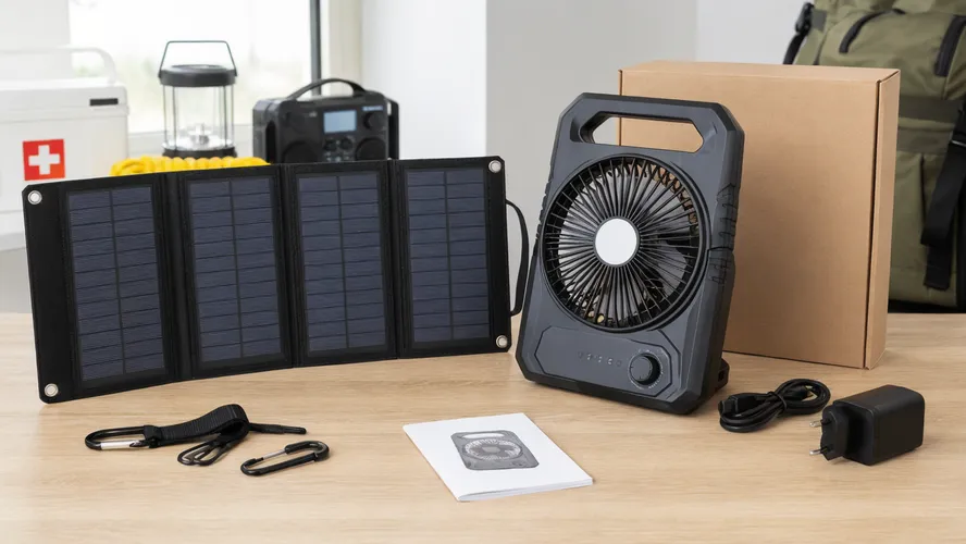 Solar powered fan with multi-input charging for emergency kit programs