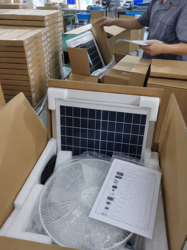 Export packing of solar powered fan kit with panel protection and accessory checklist