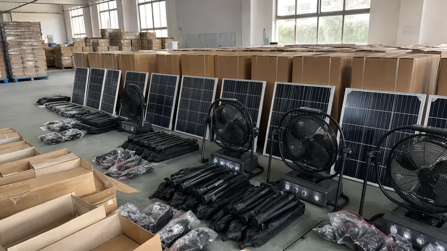 Solar powered fans prepared for NGO field operations and disaster relief procurement