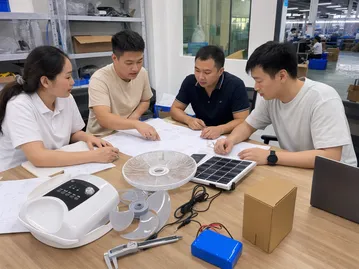 JXSOL engineering team reviewing solar fan OEM customization specifications