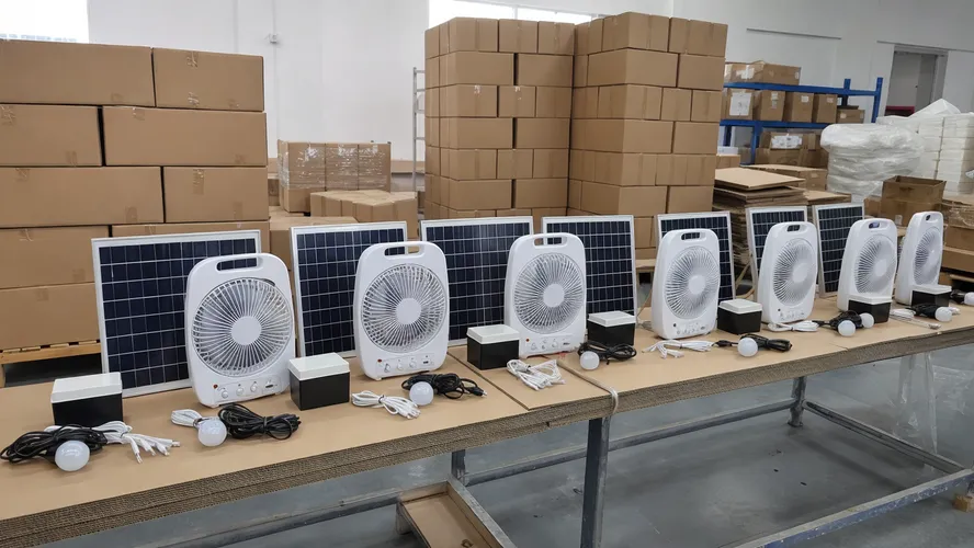 Solar powered fan units prepared for off-grid household distribution in sub-Saharan Africa and Southeast Asia
