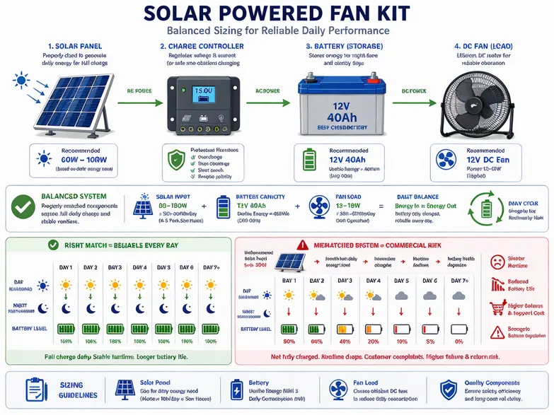 Diagram showing solar panel wattage matched to battery capacity and motor load for reliable daily charging cycles