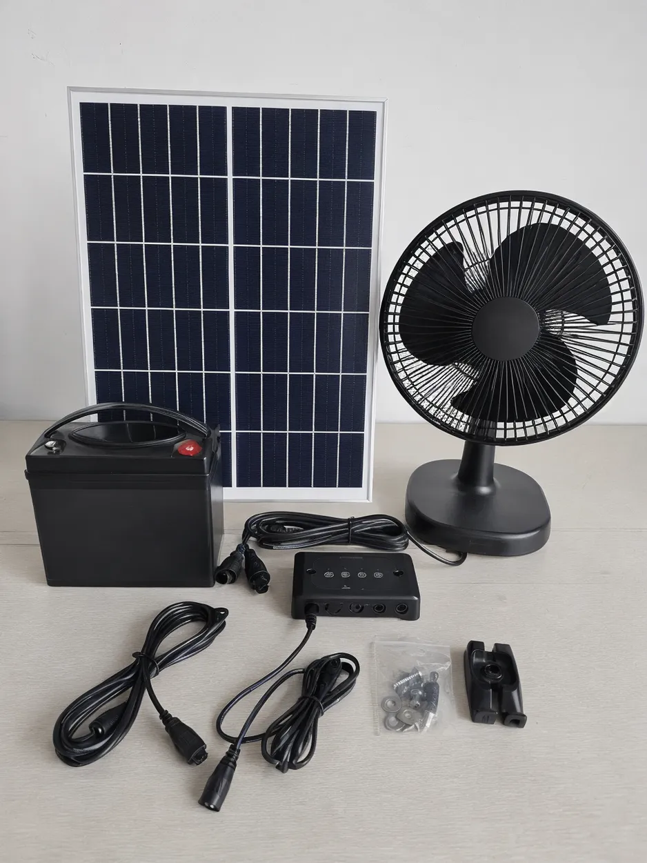 JXSOL solar powered fan kit showing matched solar panel, battery pack, DC fan unit, and controller assembled together