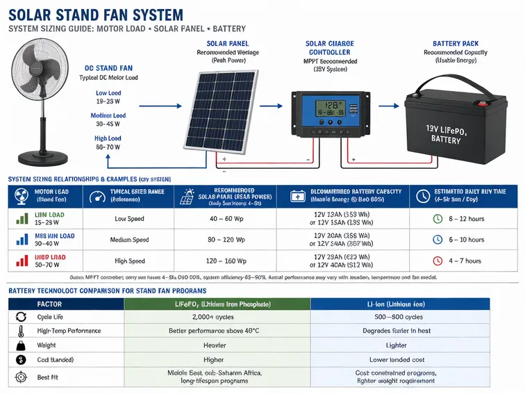 Diagram showing motor load, panel wattage, and battery capacity matching for solar stand fan system sizing