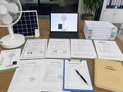JXSOL compliance documentation package including CE and RoHS certificates for solar stand fan export