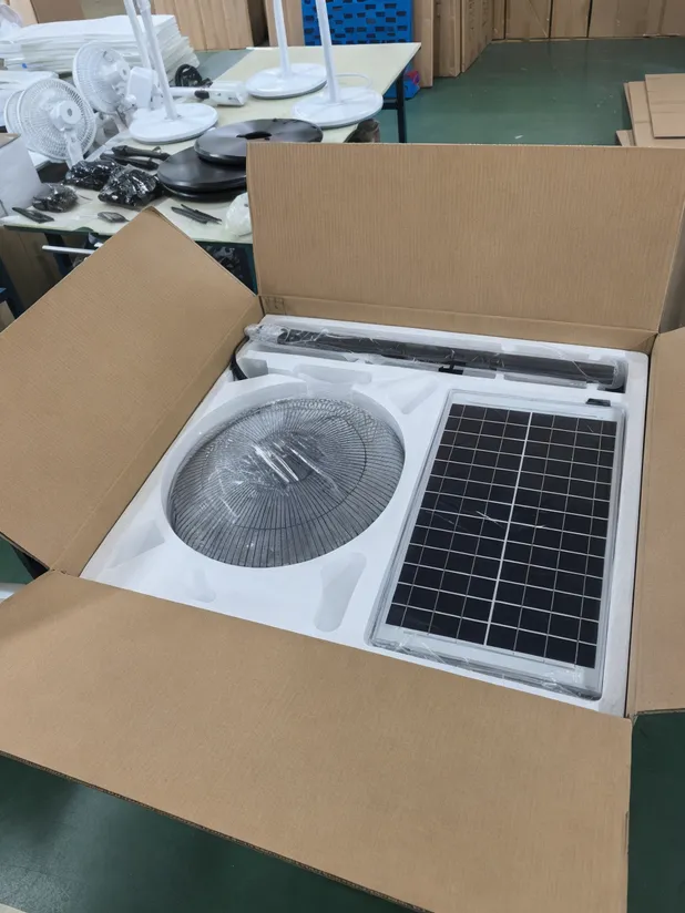 Solar stand fan carton packing with foam inserts and panel protection