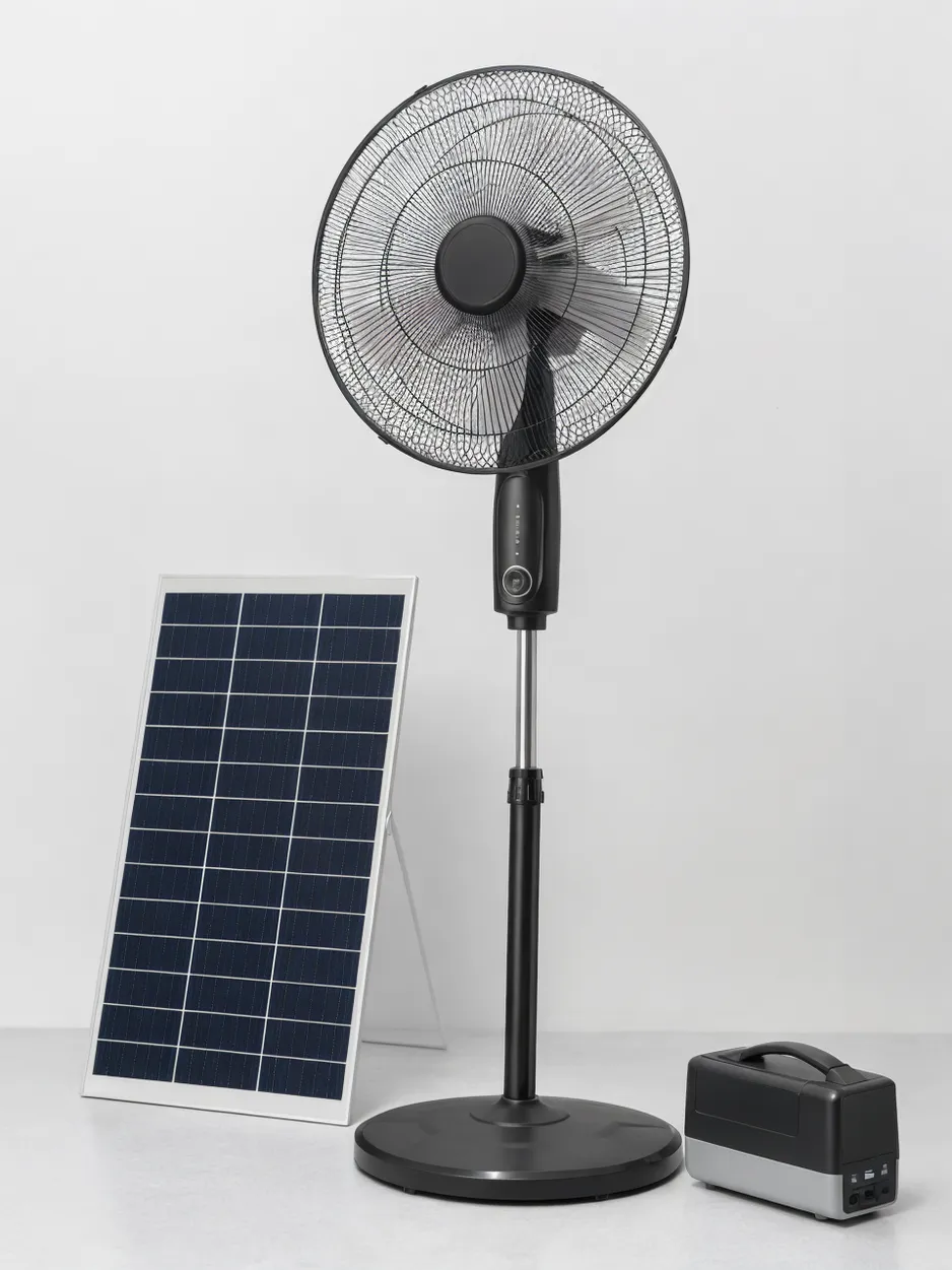 JXSOL solar stand fan — full-size rechargeable pedestal fan with solar panel and lithium battery