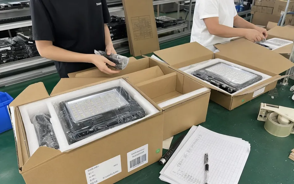 Export carton packing process for solar flood lights with foam-cushioned sections