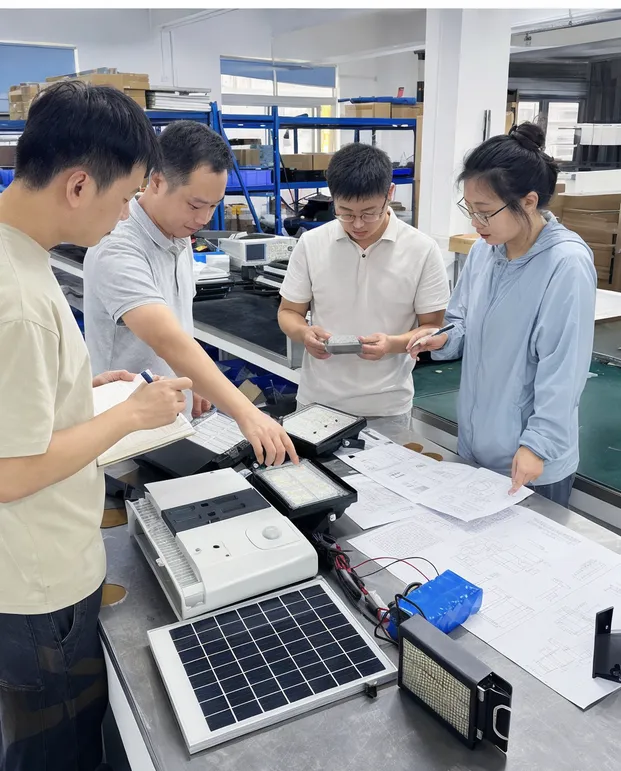 JXSOL engineering team reviewing OEM solar flood light configuration