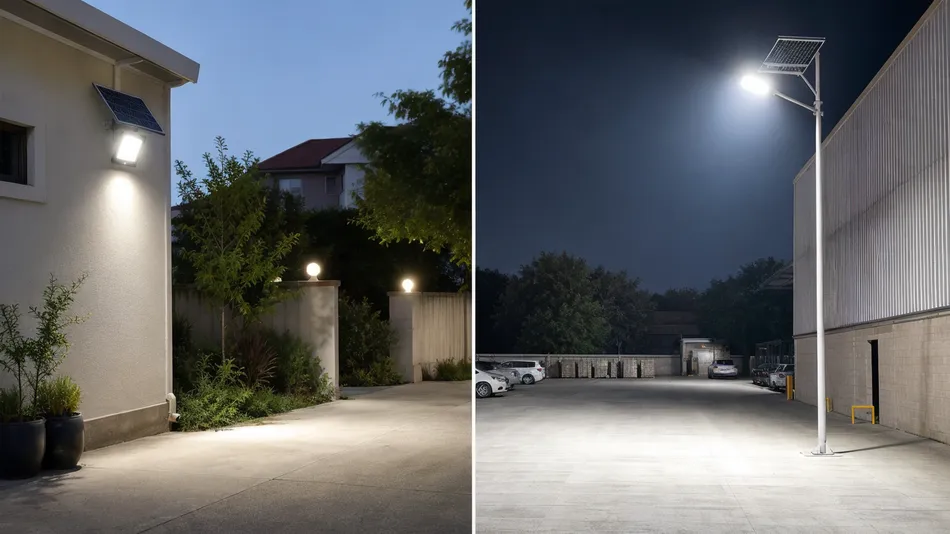 Solar flood light output comparison showing residential 800-2000 lumen units versus commercial 3000-6000+ lumen units at different mounting heights