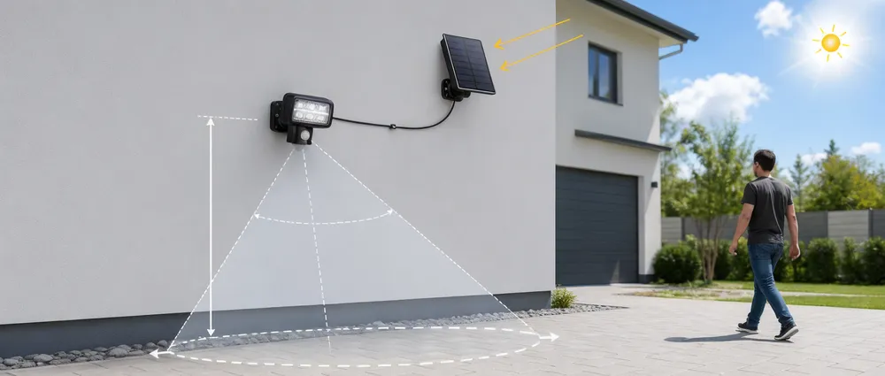 Motion sensor solar light installation diagram showing mounting height, detection cone geometry, and solar panel orientation