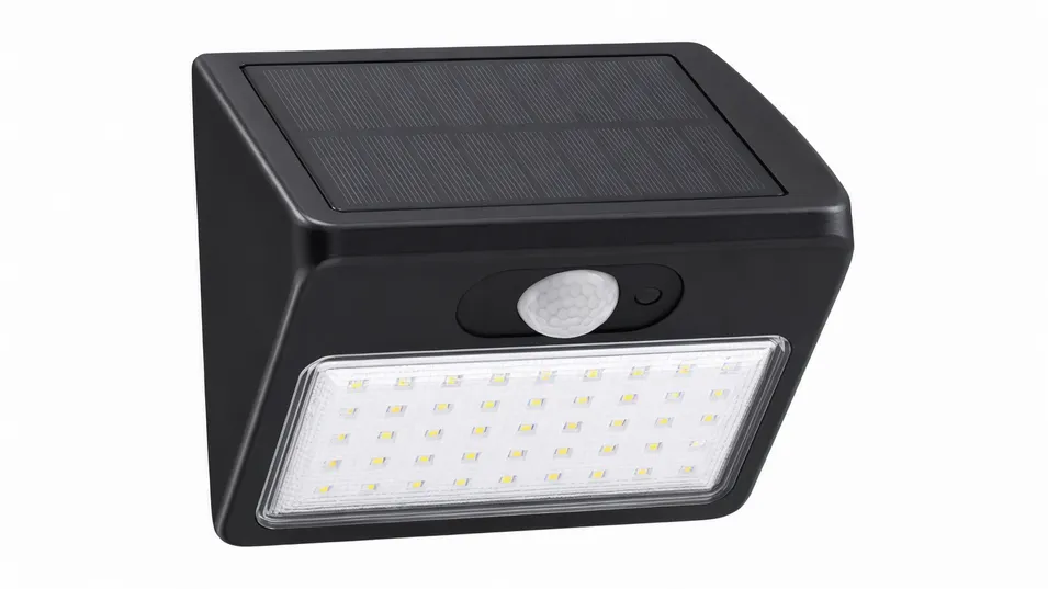 Integrated solar panel motion sensor light showing compact all-in-one housing design