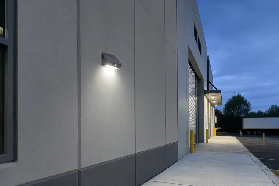 JXSOL motion sensor solar light installed on commercial building exterior at dusk with PIR sensor activated