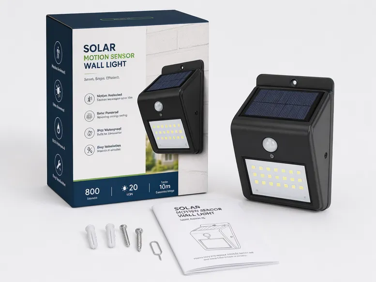 Branded private-label solar motion sensor wall light in retail packaging